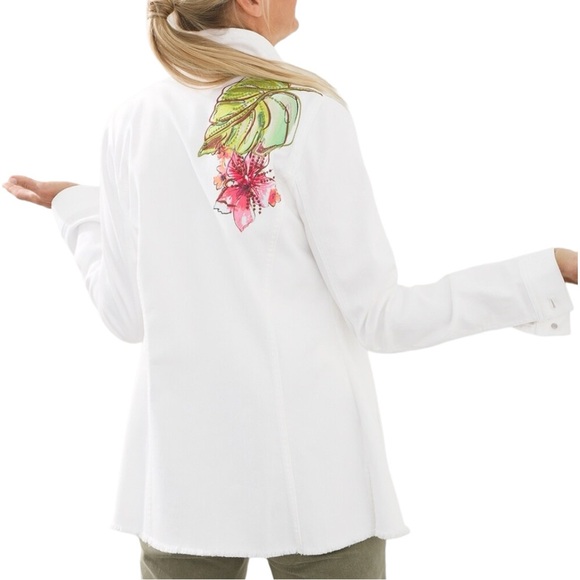 Chico’s Artisan Palm Denim Tropical Floral Embroidered Beaded Jacket - Picture 2 of 10